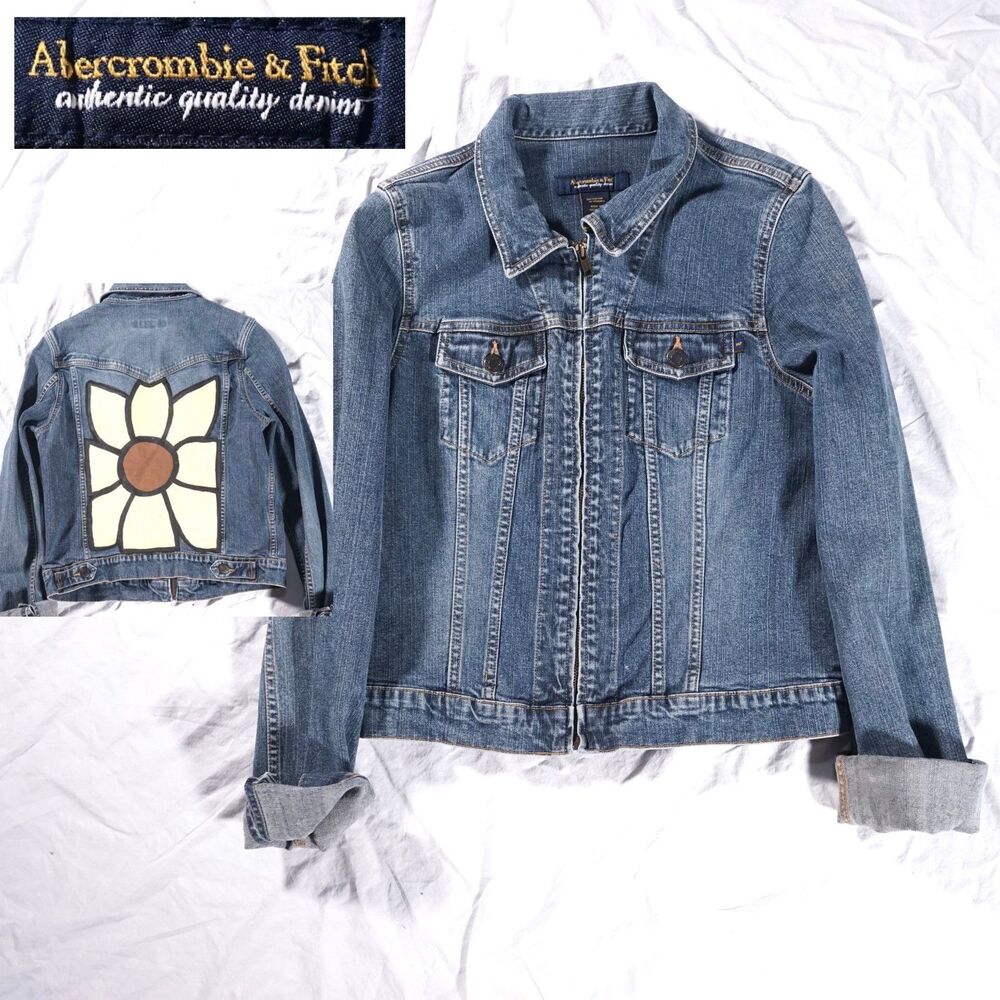 Abercrombie & Fitch Denim Jacket Blue Custom Painted Flower Womens Large Y2K